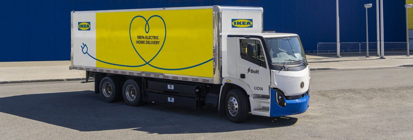 An IKEA truck parked in front of an IKEA store