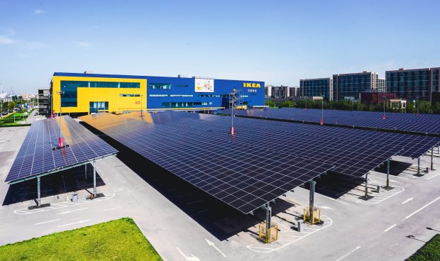 Large solar panels next to an IKEA store